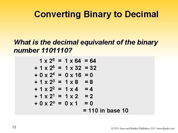 Converting Binary to Decimal What is the decimal equivalent of the binary number 1101110?