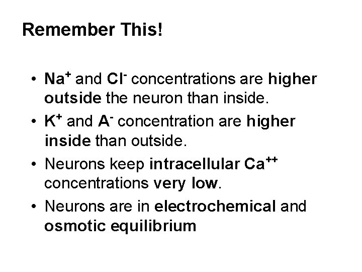 Remember This! • Na+ and Cl- concentrations are higher outside the neuron than inside.