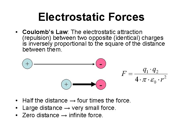 Electrostatic Forces • Coulomb’s Law: The electrostatic attraction (repulsion) between two opposite (identical) charges