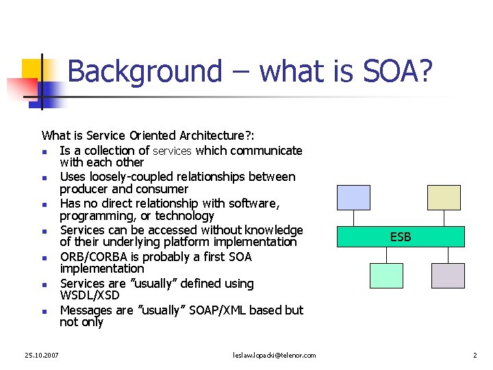 Background – what is SOA? What is Service Oriented Architecture? : n Is a