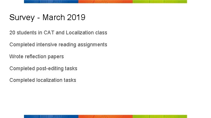 Survey - March 2019 20 students in CAT and Localization class Completed intensive reading