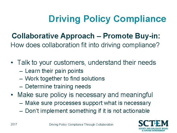 Driving Policy Compliance Collaborative Approach – Promote Buy-in: How does collaboration fit into driving
