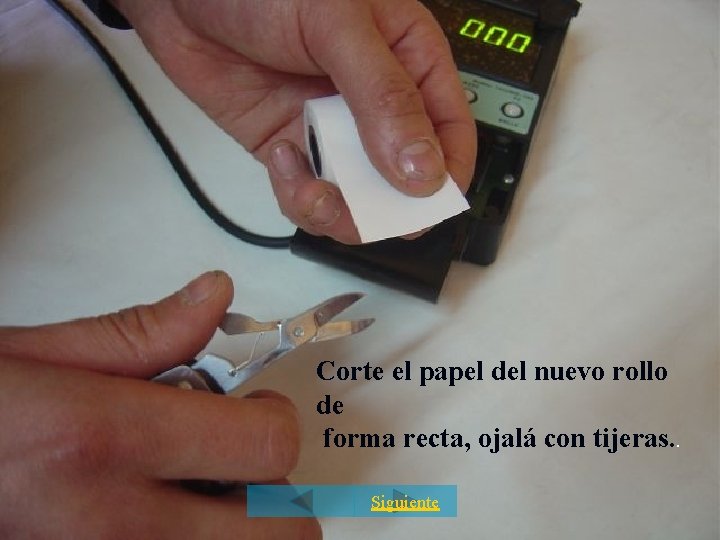 Corte el papel del nuevo rollo de forma recta, ojalá con tijeras. . Siguiente