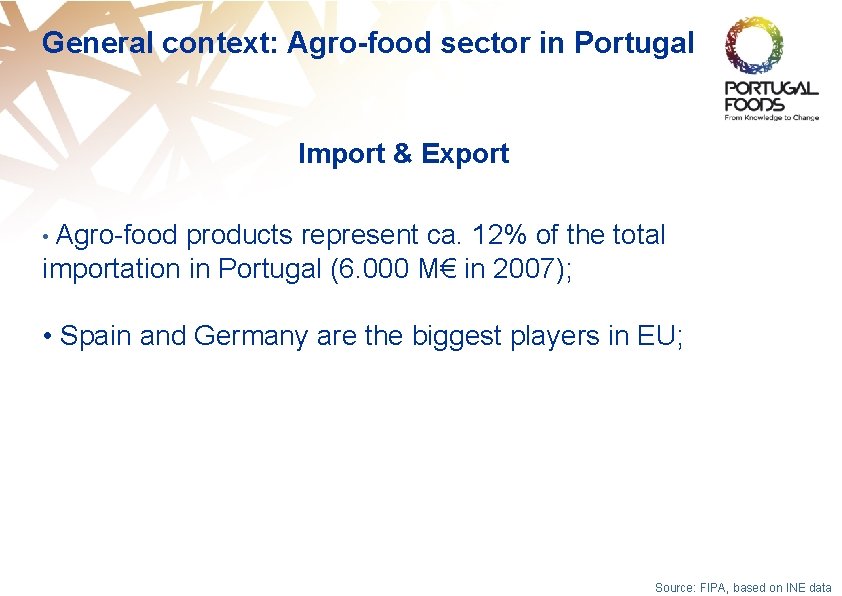 General context: Agro-food sector in Portugal Import & Export • Agro-food products represent ca.