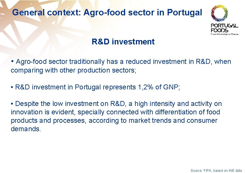 General context: Agro-food sector in Portugal R&D investment • Agro-food sector traditionally has a