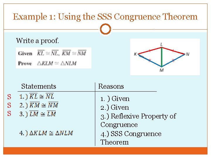 Example 1: Using the SSS Congruence Theorem Write a proof. Statements S S S