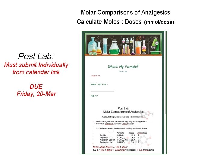Molar Comparisons of Analgesics Calculate Moles : Doses (mmol/dose) Post Lab: Must submit Individually