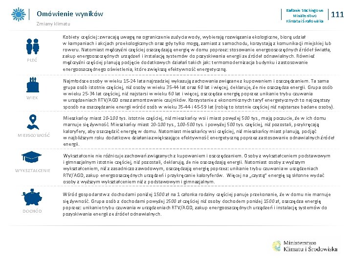 Omówienie wyników Zmiany klimatu PŁEĆ WIEK MIEJSCOWOŚĆ WYKSZTAŁCENIE DOCHÓD Badanie trackingowe Ministerstwo Klimatu i