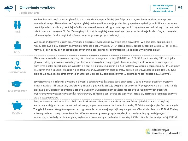 Omówienie wyników Jakość powietrza PŁEĆ WIEK MIEJSCOWOŚĆ WYKSZTAŁCENIE DOCHÓD Badanie trackingowe Ministerstwo Klimatu i