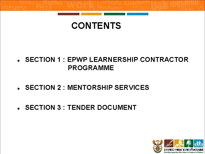 CONTENTS n SECTION 1 : EPWP LEARNERSHIP CONTRACTOR PROGRAMME n SECTION 2 : MENTORSHIP