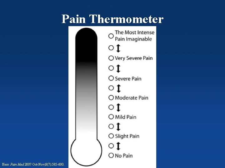 Pain Thermometer Columbia Orthopaedics Herr: Pain Med 2007 Oct-Nov; 8(7): 585 -600. 