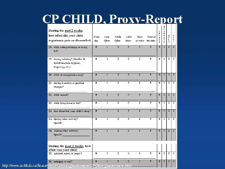 CP CHILD, Proxy-Report Columbia Orthopaedics http: //www. sickkids. ca/Research/CPCHILD-Questionaire/CPChild-Questionaire. html 