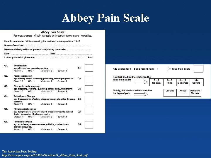 Abbey Pain Scale Columbia Orthopaedics The Australian Pain Society. http: //www. apsoc. org. au/PDF/Publications/4_Abbey_Pain_Scale.