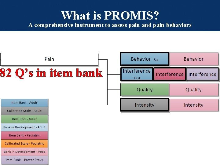 What is PROMIS? A comprehensive instrument to assess pain and pain behaviors 82 Q’s