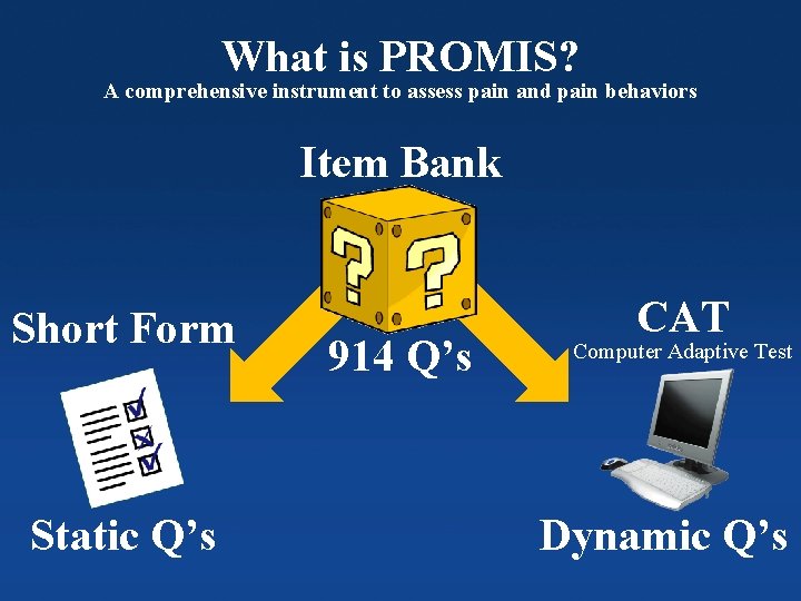 What is PROMIS? A comprehensive instrument to assess pain and pain behaviors Item Bank