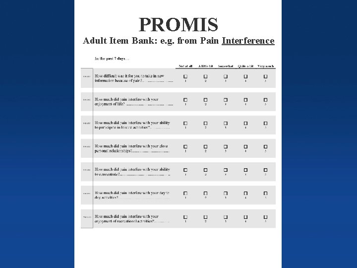 PROMIS Adult Item Bank: e. g. from Pain Interference Columbia Orthopaedics 