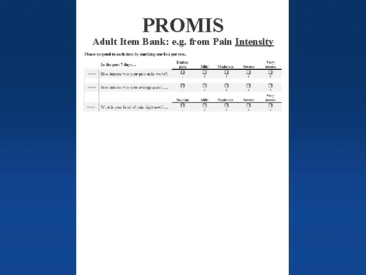 PROMIS Adult Item Bank: e. g. from Pain Intensity Columbia Orthopaedics 