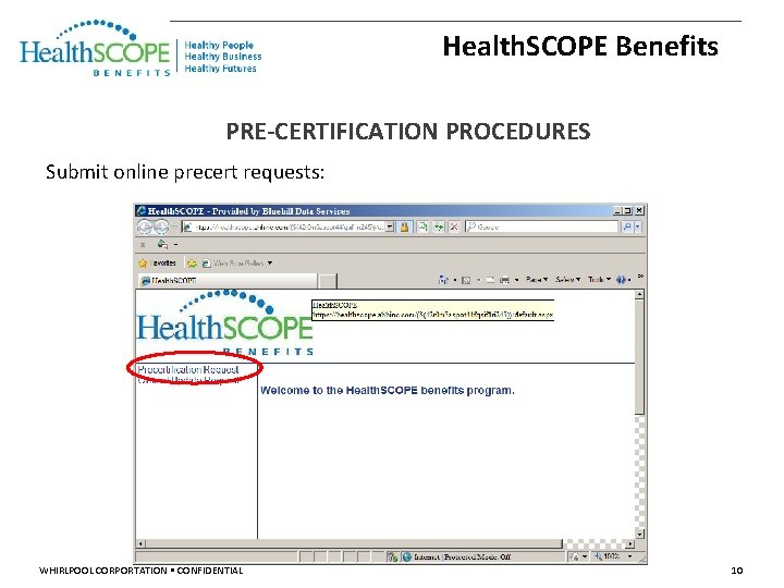Health. SCOPE Benefits PRE-CERTIFICATION PROCEDURES Submit online precert requests: WHIRLPOOL CORPORTATION CONFIDENTIAL 10 
