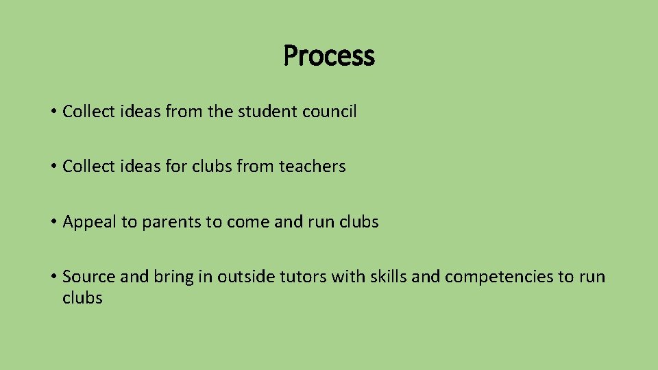 Process • Collect ideas from the student council • Collect ideas for clubs from