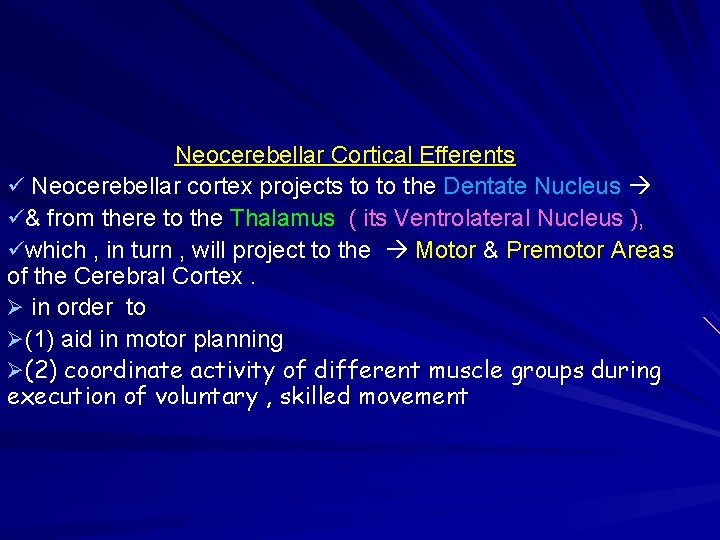 Neocerebellar Cortical Efferents ü Neocerebellar cortex projects to to the Dentate Nucleus ü& from