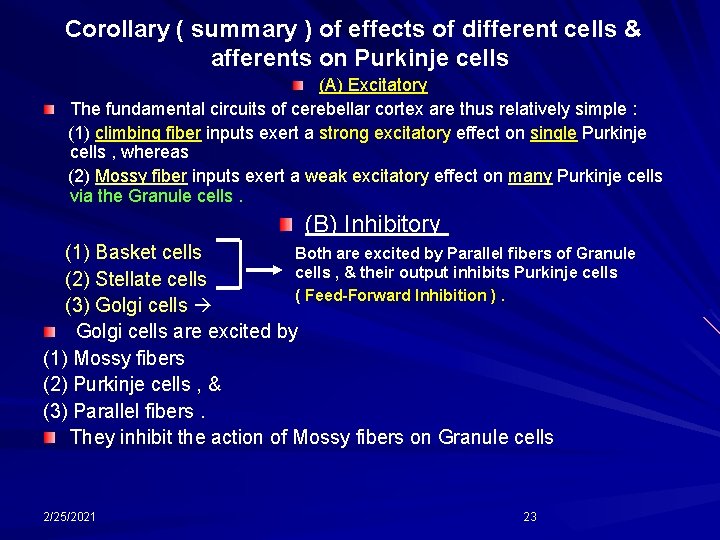 Corollary ( summary ) of effects of different cells & afferents on Purkinje cells
