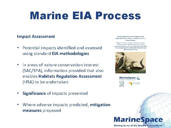 Marine EIA Process Impact Assessment • Potential impacts identified and assessed using standard EIA