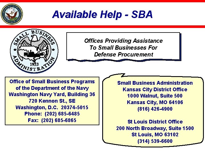 Available Help - SBA Offices Providing Assistance To Small Businesses For Defense Procurement Office