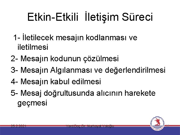 Etkin-Etkili İletişim Süreci 1 - İletilecek mesajın kodlanması ve iletilmesi 2 - Mesajın kodunun