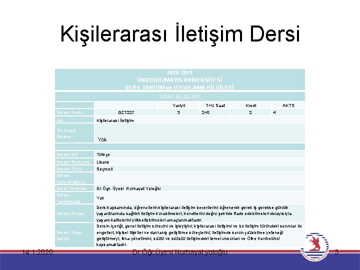 Kişilerarası İletişim Dersi 2020 -2021 ONDOKUZMAYIS ÜNİVERSİTESİ DERS TANITIM ve UYGULAMA BİLGİLERİ DERS BİLGİLERİ