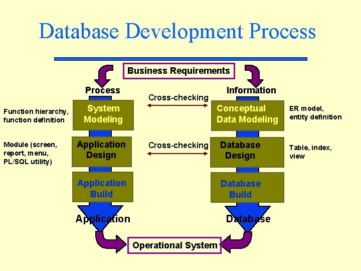 Database Development Process Business Requirements Process Function hierarchy, function definition Module (screen, report, menu,