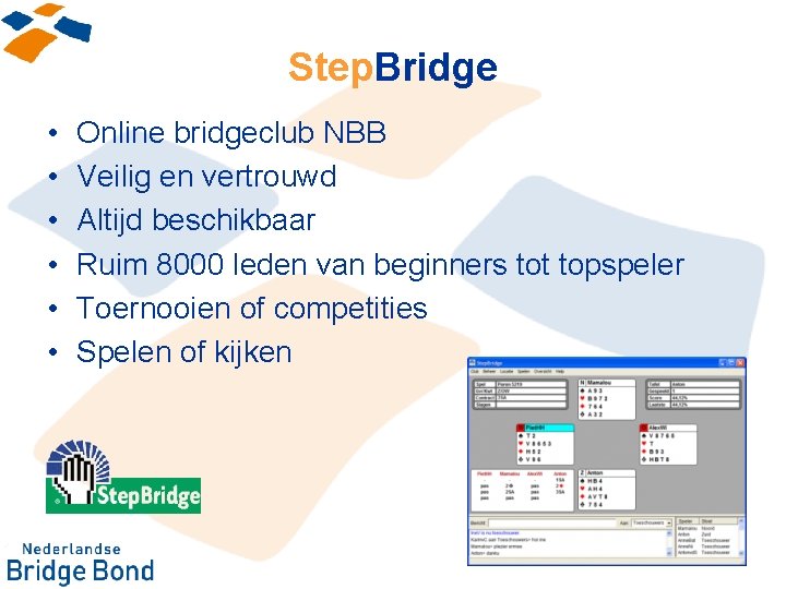 Step. Bridge • • • Online bridgeclub NBB Veilig en vertrouwd Altijd beschikbaar Ruim