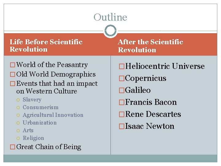 Outline Life Before Scientific Revolution After the Scientific Revolution � World of the Peasantry