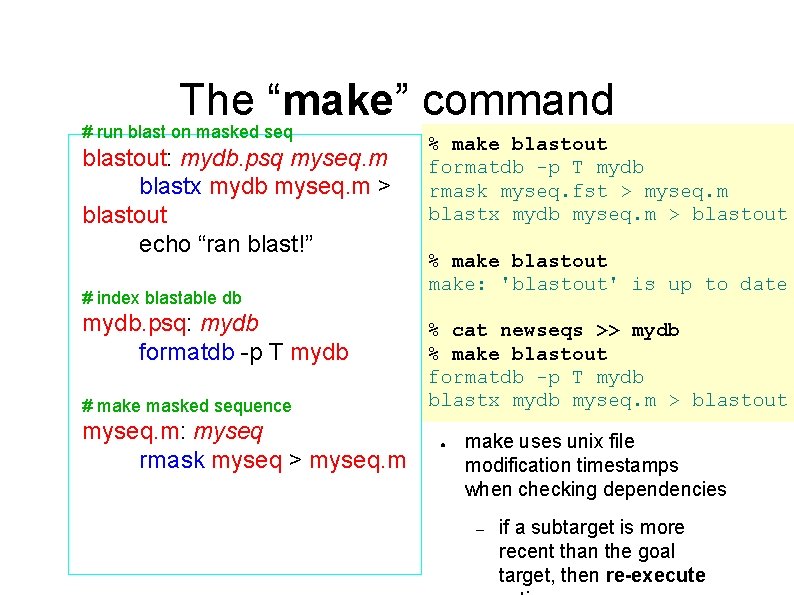 The “make” command # run blast on masked seq blastout: mydb. psq myseq. m