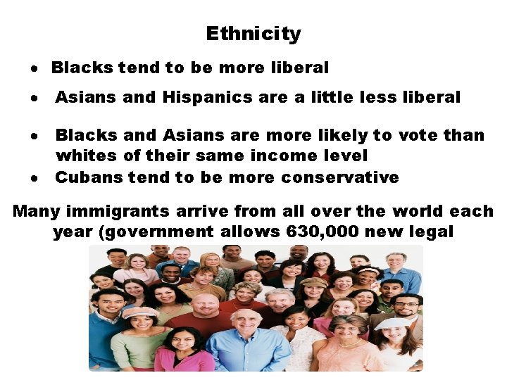 Ethnicity · Blacks tend to be more liberal · Asians and Hispanics are a