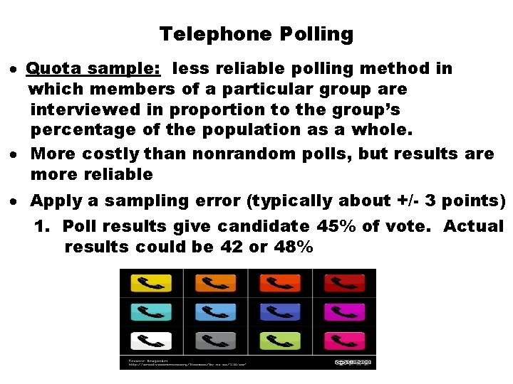 Telephone Polling · Quota sample: less reliable polling method in which members of a