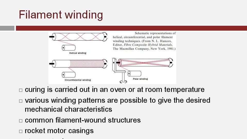 Filament winding curing is carried out in an oven or at room temperature various