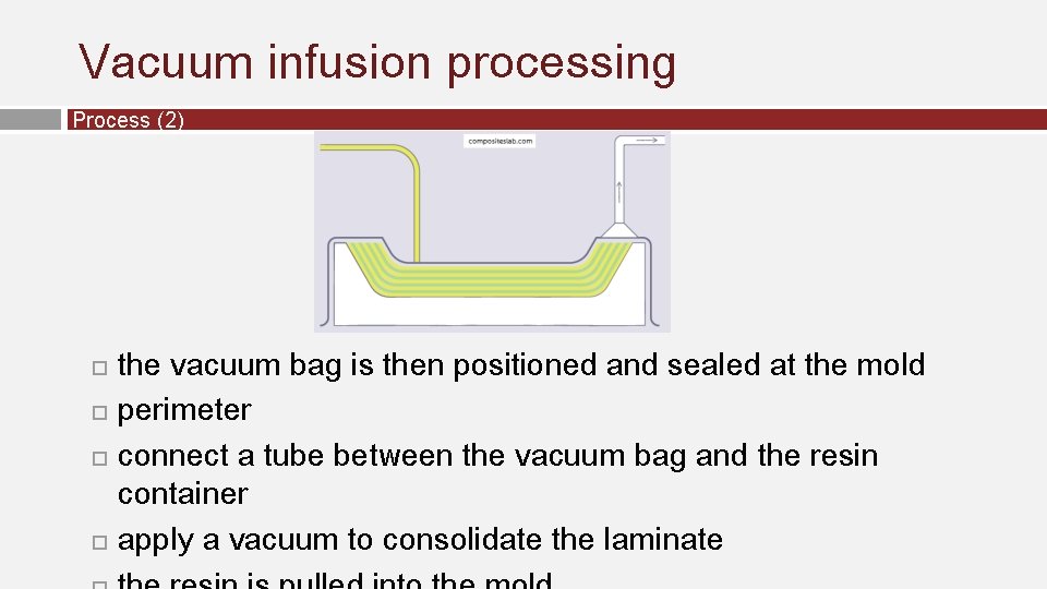 Vacuum infusion processing Process (2) the vacuum bag is then positioned and sealed at