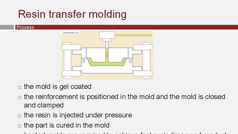 Resin transfer molding Process the mold is gel coated the reinforcement is positioned in