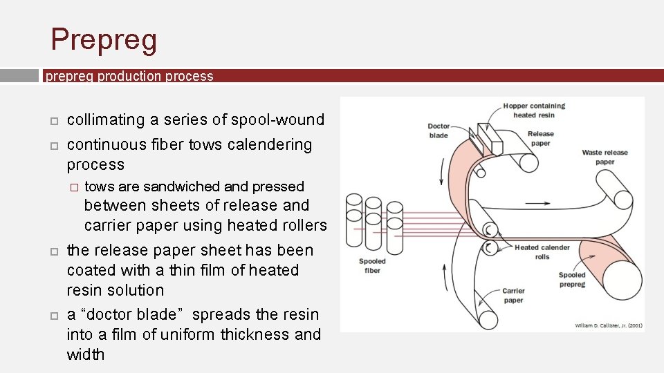 Prepreg production process collimating a series of spool-wound continuous fiber tows calendering process �