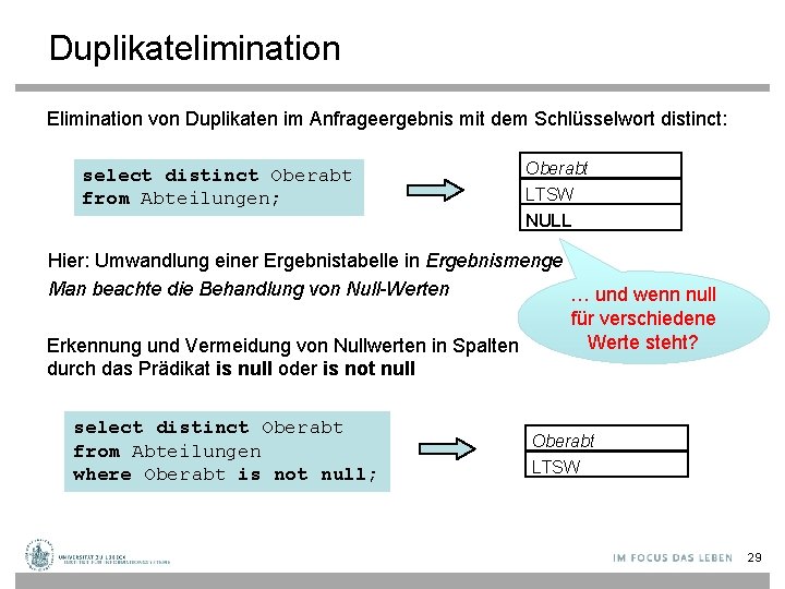 Duplikatelimination Elimination von Duplikaten im Anfrageergebnis mit dem Schlüsselwort distinct: select distinct Oberabt from