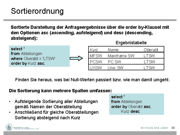 Sortierordnung Sortierte Darstellung der Anfrageergebnisse über die order by-Klausel mit den Optionen asc (ascending,