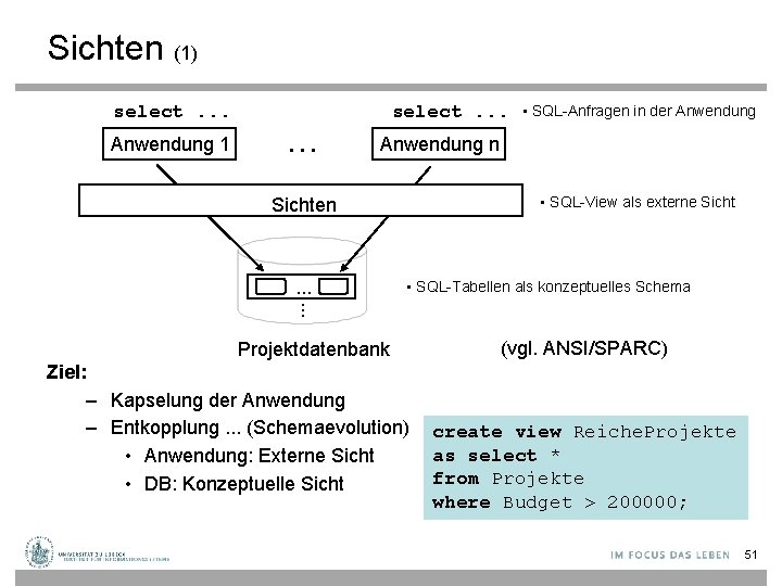 Sichten (1) select. . . Anwendung 1 select. . . • SQL-Anfragen in der