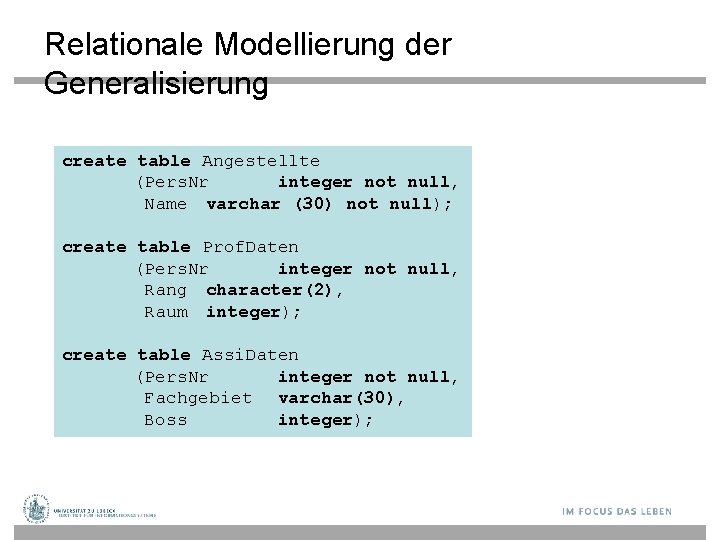 Relationale Modellierung der Generalisierung create table Angestellte (Pers. Nr integer not null, Name varchar