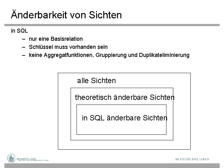 Änderbarkeit von Sichten in SQL – nur eine Basisrelation – Schlüssel muss vorhanden sein