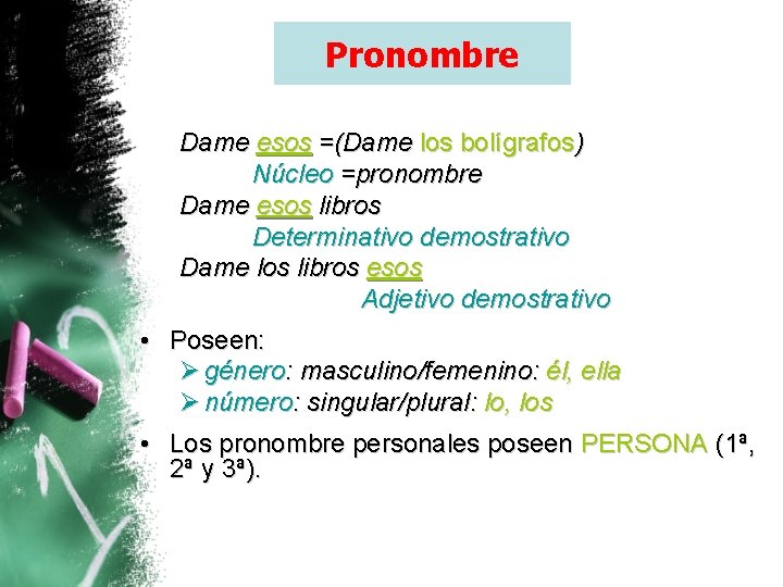 Pronombre Dame esos =(Dame los bolígrafos) Núcleo =pronombre Dame esos libros Determinativo demostrativo Dame