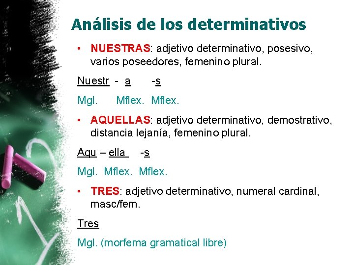 Análisis de los determinativos • NUESTRAS: adjetivo determinativo, posesivo, varios poseedores, femenino plural. Nuestr