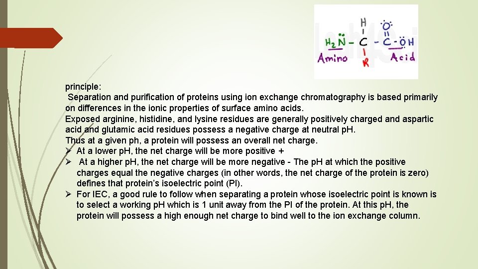principle: Separation and purification of proteins using ion exchange chromatography is based primarily on