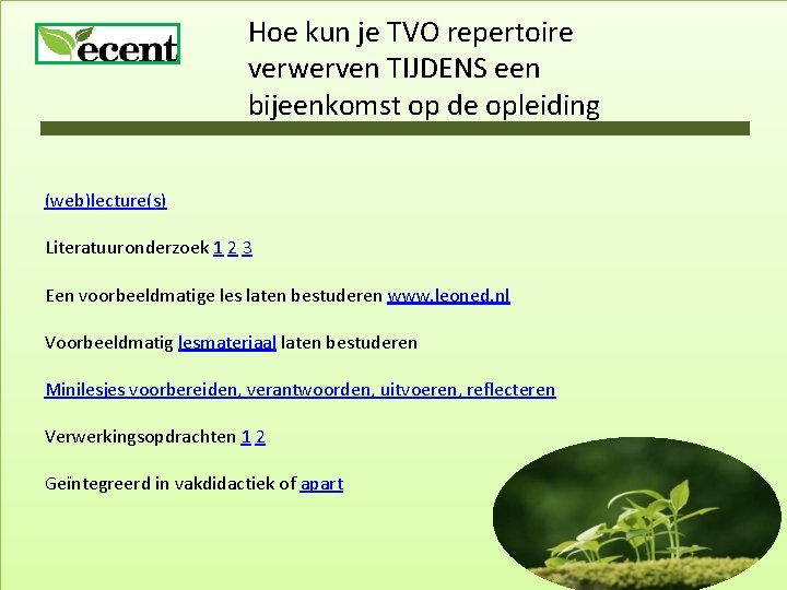 Hoe kun je TVO repertoire verwerven TIJDENS een bijeenkomst op de opleiding (web)lecture(s) Literatuuronderzoek