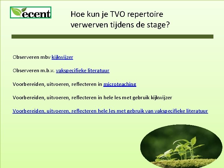 Hoe kun je TVO repertoire verwerven tijdens de stage? Observeren mbv kijkwijzer Observeren m.