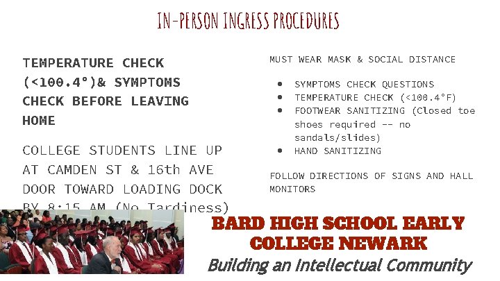 IN-PERSON INGRESS PROCEDURES MUST WEAR MASK & SOCIAL DISTANCE TEMPERATURE CHECK (<100. 4°)& SYMPTOMS